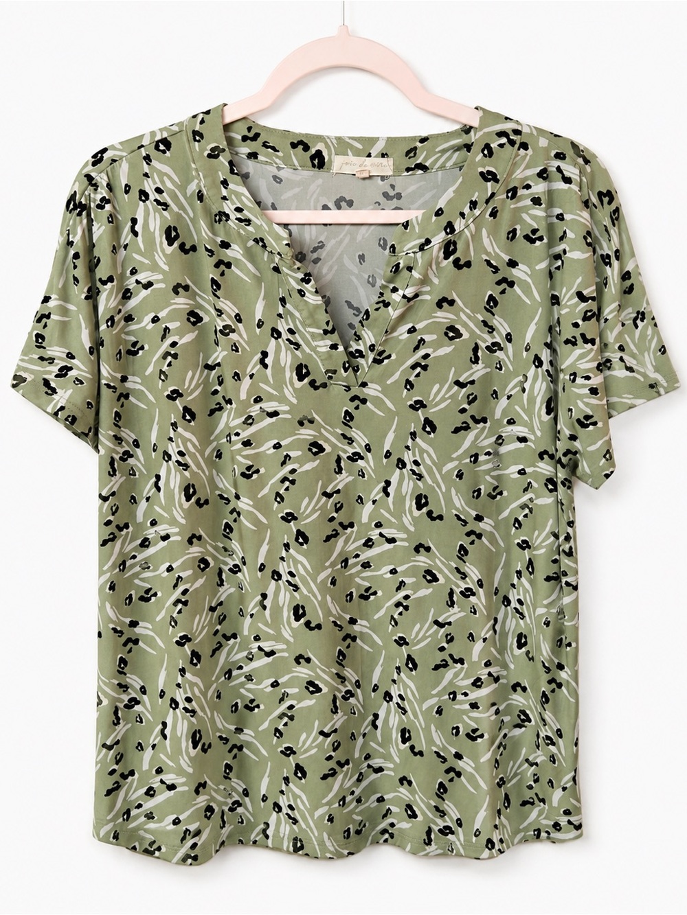 Olive Green Printed Short Sleeve Blouse - Relaxed V-Neck